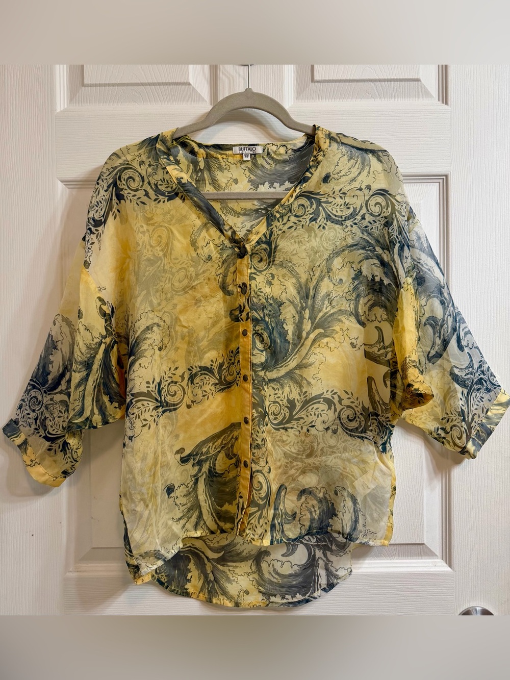 Buffalo David Bitton Yellow & Navy Blue Swirl-Print Sheer Button Blouse